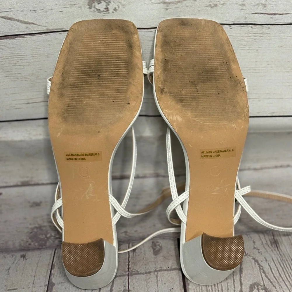 Lulus White Strappy Block Heel Sandals Square Toe Mid Heel Womens 8.5‎